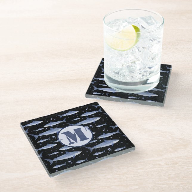 Watercolor Monogram Shark Jellyfish Pattern Black Glass Coaster (Angled)