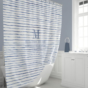 Watercolor Monogram Striped Blue White Beach Decor