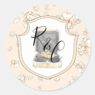 Watercolor Monogram Wedding Rings Magnolia Classic Round Sticker