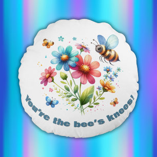 Watercolor Monogram You're the Bee's Knees White  Round Pillow