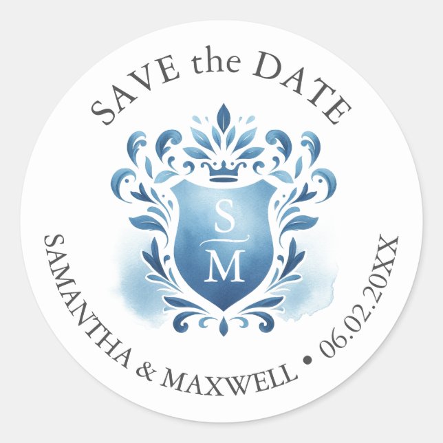 Watercolor Monogrammed Crest Classic Round Sticker (Front)