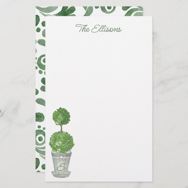 Watercolor Monogrammed Topiary Stationery (Front/Back)