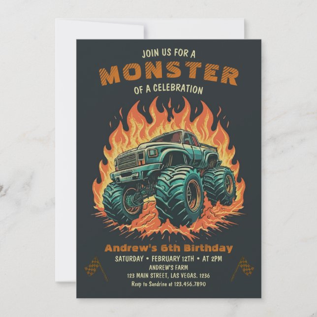 Watercolor Monster Truck  Boy Birthday Invitation (Front)