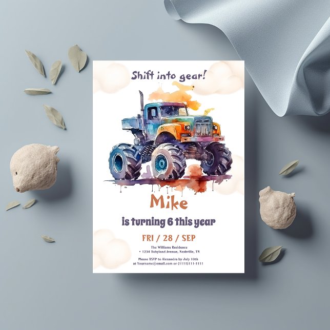 Watercolor Monster Truck boy Birthday  Invitation (Creator Uploaded)