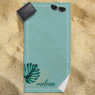 Watercolor Monstera Gold Palm Leaf Teal Tropical  Beach Towel