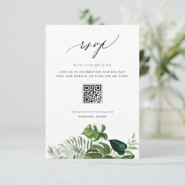 Watercolor Monstera Greenery QR Code Wedding RSVP Card (Standing Front)