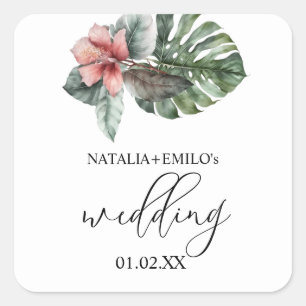Watercolor Monstera Leaf Floral Wedding Square Sticker