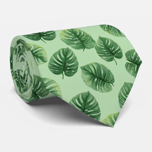 Watercolor Monstera Leaf Pattern Tie (Rolled)
