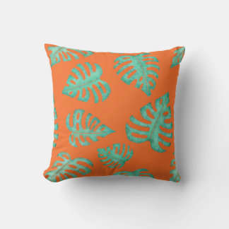 Watercolor Monstera Leaves on Orange Throw Pillow