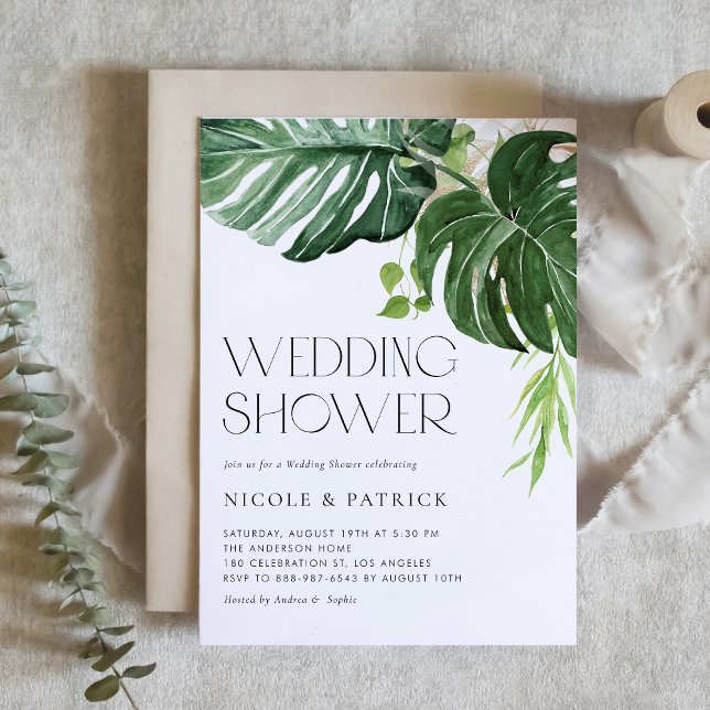 Watercolor Monstera Leaves Tropical Wedding Shower Invitation (Creator Uploaded)