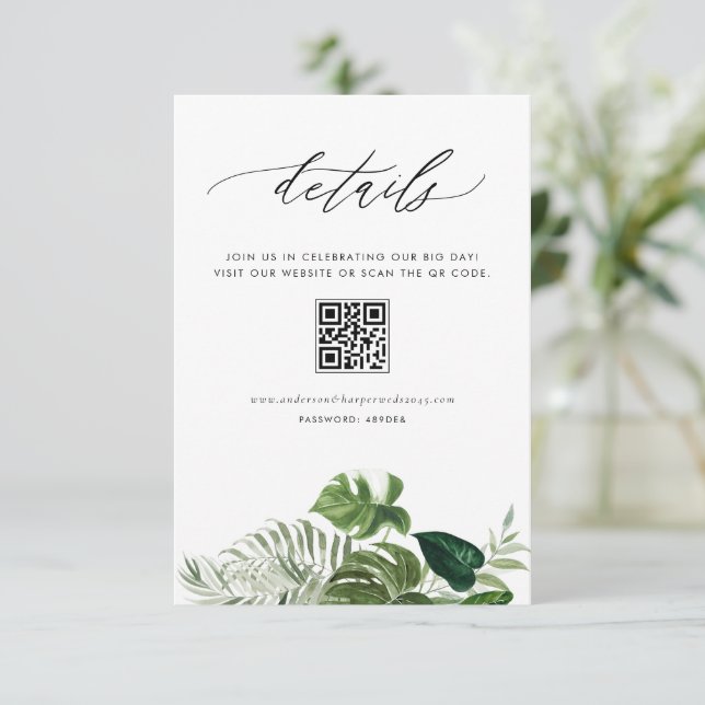 Watercolor Monstera Summer QR Code Wedding Details Enclosure Card (Standing Front)