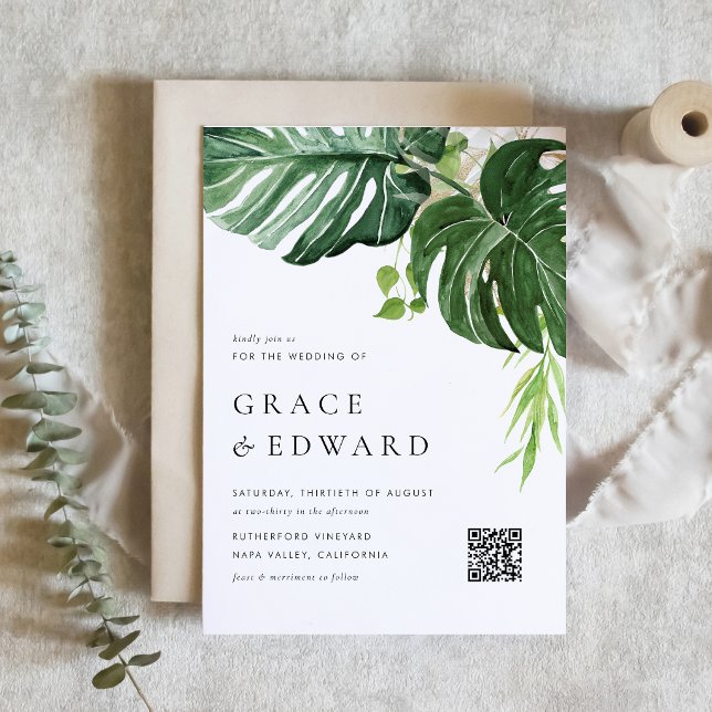 Watercolor Monstera Tropical Wedding QR Code Invitation (This QR code wedding invitation features watercolor monstera, tropical greenery, and gold accents.)