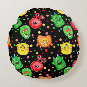 Watercolor Monsters: Cute Seamless Pattern Round Pillow