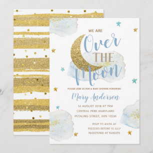 Watercolor Moon Baby Blue and Gold Baby Shower Invitation