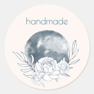 Watercolor Moon & Botanical Art Blue Grey Pattern Classic Round Sticker