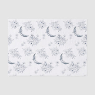 Watercolor Moon & Botanical Art Pattern Blue-Grey Tissue Paper