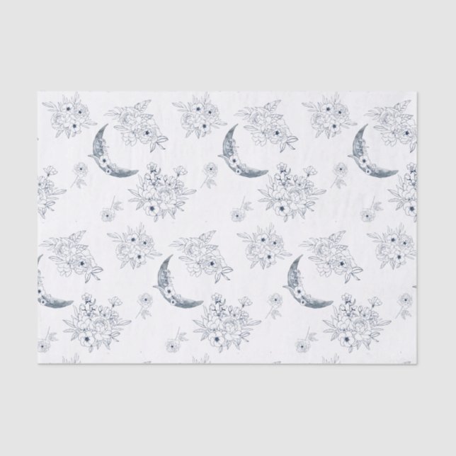 Watercolor Moon & Botanical Art Pattern Blue-Grey Tissue Paper (Front)