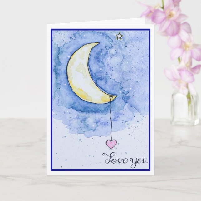 Watercolor Moon Heart Love You Card (Orchid)