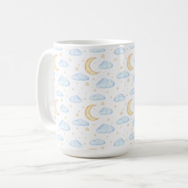 Watercolor Moon Stars and Clouds Pattern Coffee Mug (Front Left)