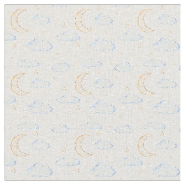 Watercolor Moon Stars and Clouds Pattern Fabric (Close Up)