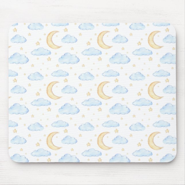 Watercolor Moon Stars and Clouds Pattern Mouse Pad (Front)