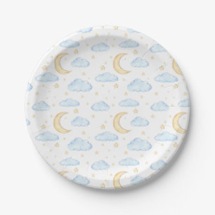 Watercolor Moon Stars and Clouds Pattern Paper Plate
