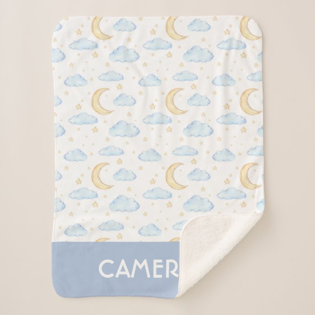 Watercolor Moon Stars and Clouds Pattern Sherpa Blanket (Front)