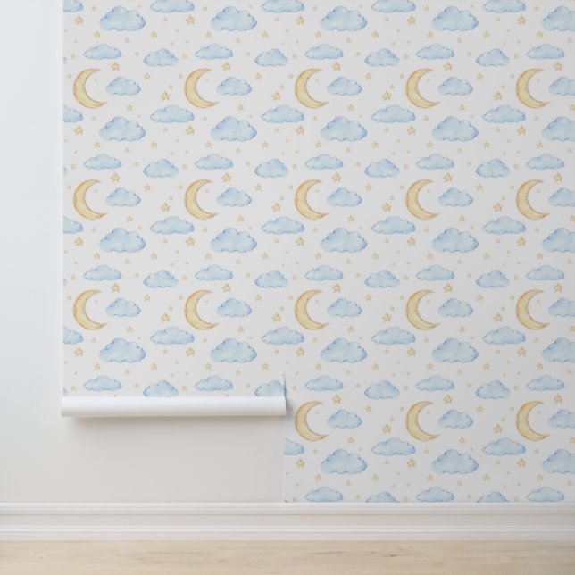 Watercolor Moon Stars and Clouds Pattern Wallpaper (Application)