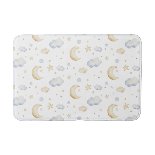 Watercolor Moon Stars & Cloud Pattern Bath Mat (Front)