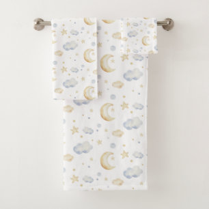 Watercolor Moon Stars & Cloud Pattern Bath Towel Set