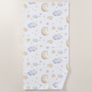 Watercolor Moon Stars & Cloud Pattern Beach Towel