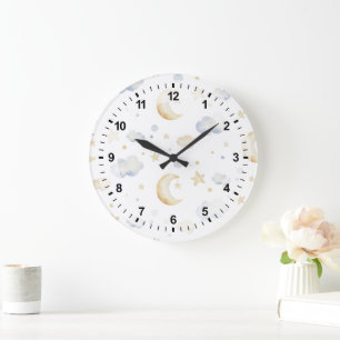 Watercolor Moon Stars & Cloud Pattern Large Clock