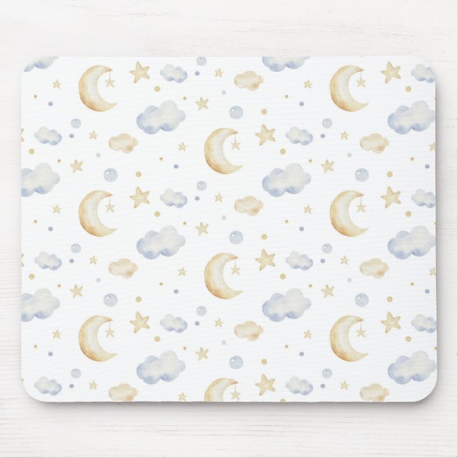 Watercolor Moon Stars & Cloud Pattern Mouse Pad (Front)