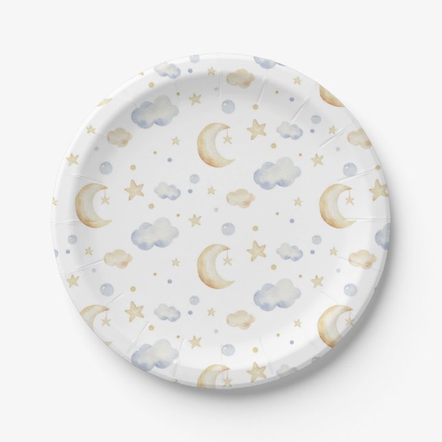 Watercolor Moon Stars & Cloud Pattern Paper Plate (Front)