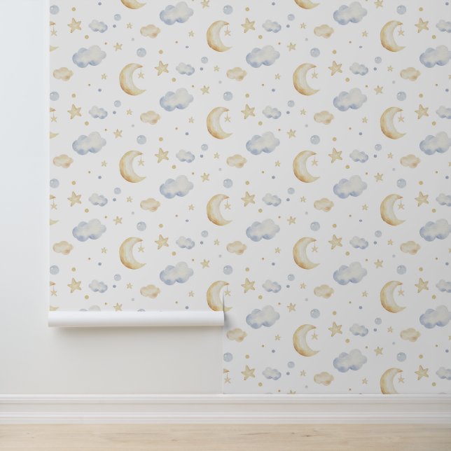 Watercolor Moon Stars & Cloud Pattern Wallpaper (Application)