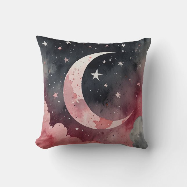 Watercolor Moon Stars Throw Pillow (Front)