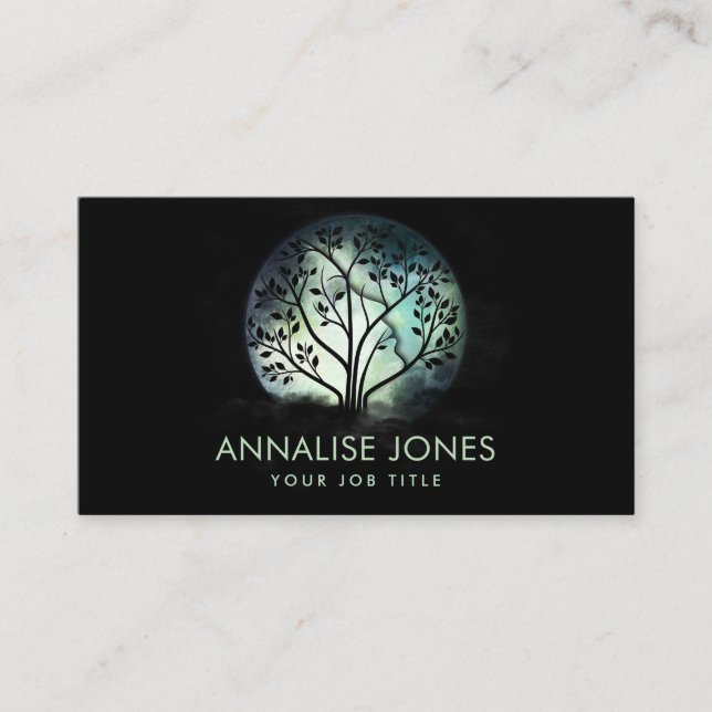Watercolor Moon Tree - Female Profile Business Card (Front)