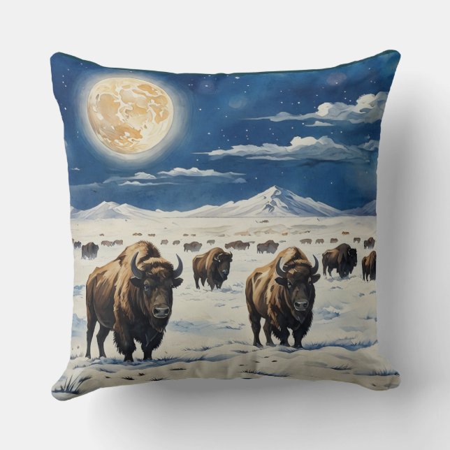 Watercolor Moonlit Bison Throw Pillow (Back)