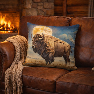 Watercolor Moonlit Bison Throw Pillow