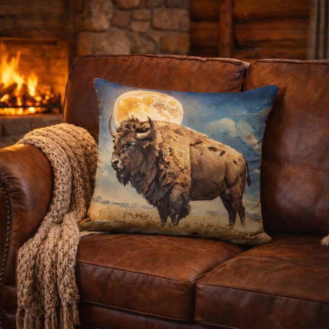 Watercolor Moonlit Bison Throw Pillow (Creator Uploaded)