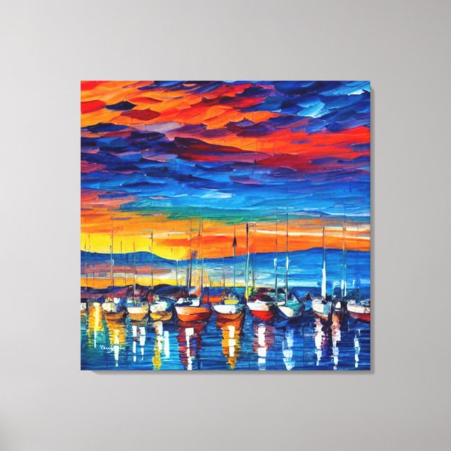 Watercolor Moored Sailboats At Sunset  Canvas Print (Front)