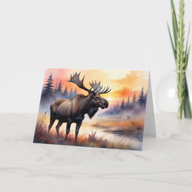 Watercolor Moose at Sunrise Card (Front)