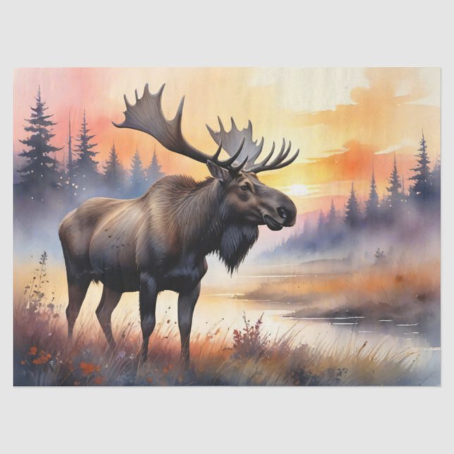 Watercolor Moose at Sunrise Decoupage Tissue Paper (Front)