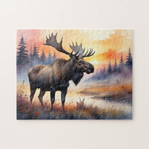 Watercolor Moose at Sunrise Jigsaw Puzzle