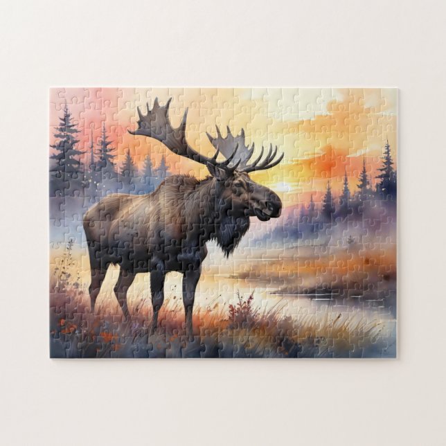 Watercolor Moose at Sunrise Jigsaw Puzzle (Horizontal)
