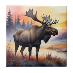 Watercolor Moose at Sunrise Tile
