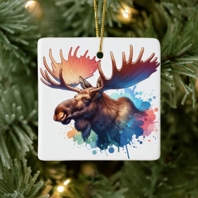 Watercolor Moose Ceramic Ornament (Tree)