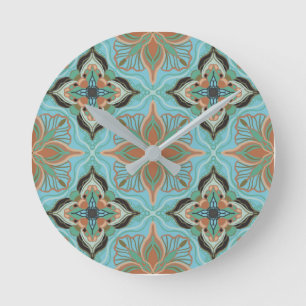Watercolor Moroccan Blue Floral Tile Round Clock