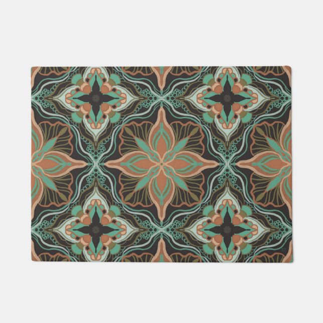 Watercolor Moroccan Brown Floral Tile Doormat (Front)