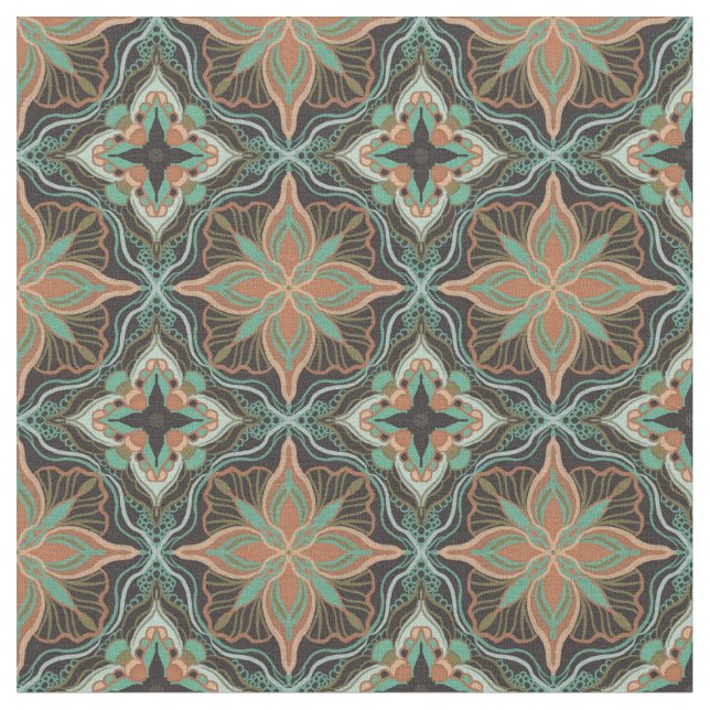 Watercolor Moroccan Brown Floral Tile Fabric (Close Up)